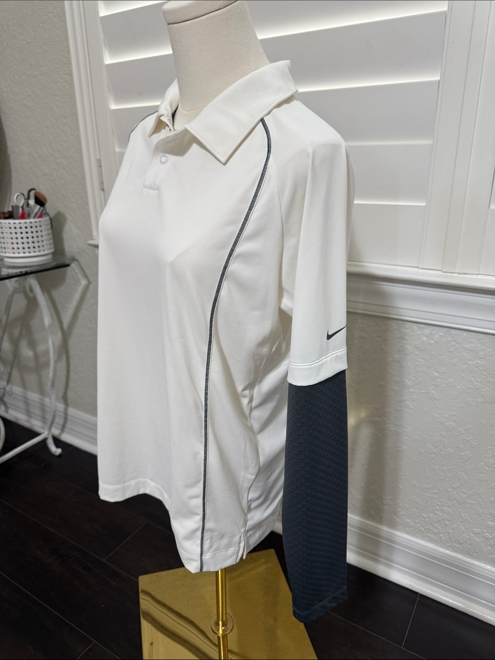 Nike White Polo Longsleeve Golf Top with Grey Sleeve Panel